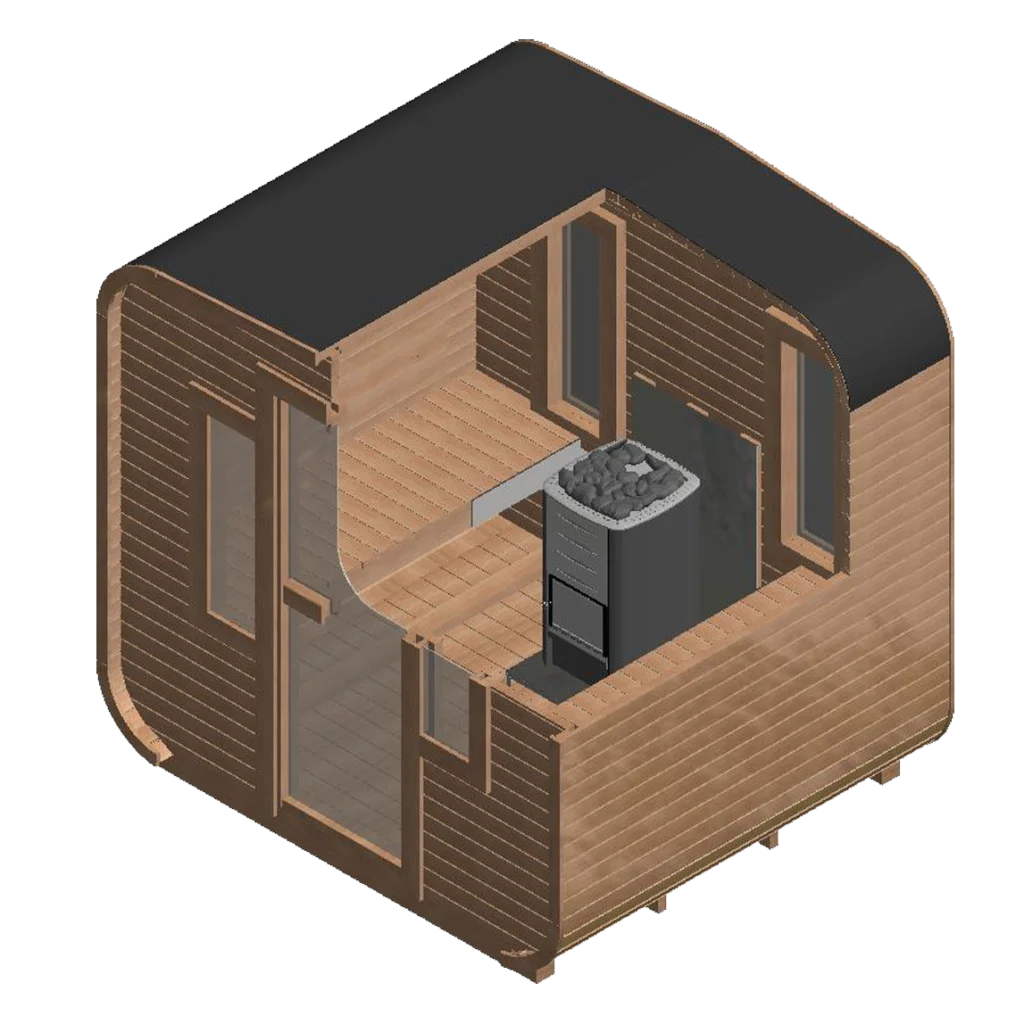 Skizze der Fasssauna Modell Cube 2M